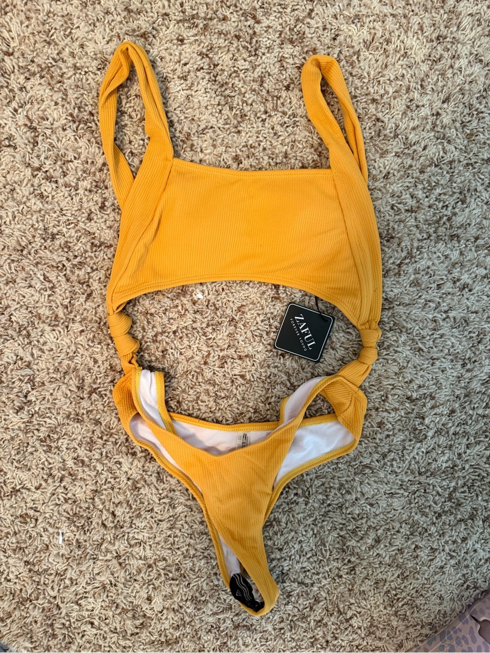 Zaful Mustard colored Ribbed one piece with cutouts
